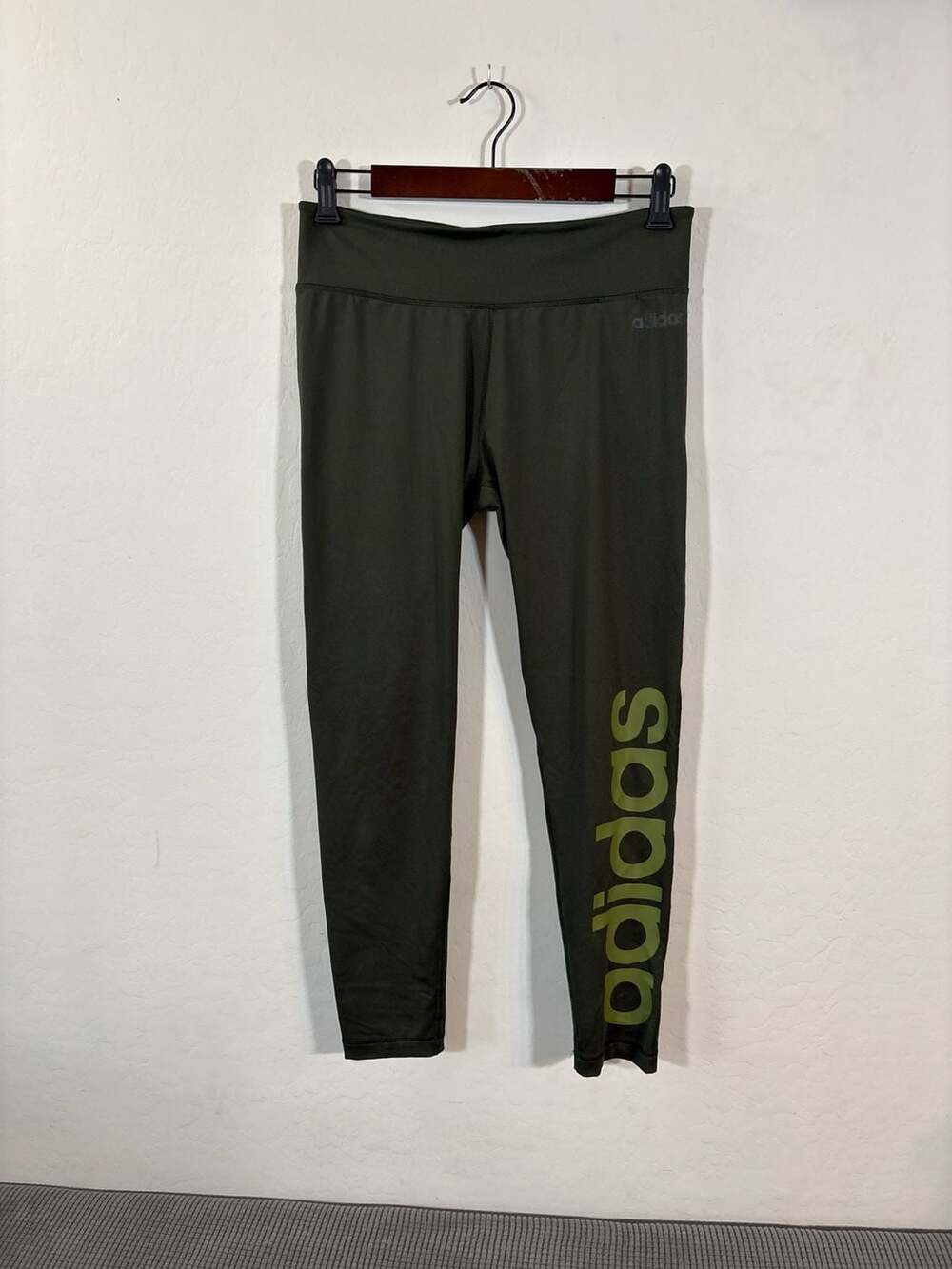 Adidas Climalite High-Waisted Large Linear Logo Leggings in Olive Green